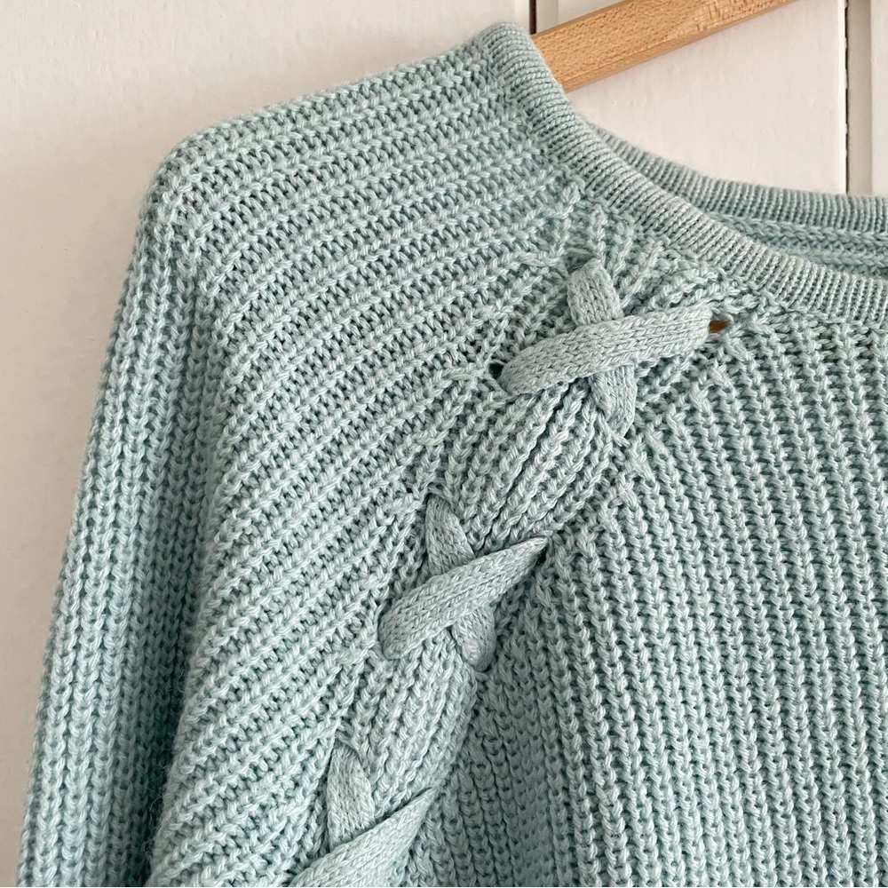 $10 SALE Pastel Crew Neck Sweater Textured Knit Crisscross Detail Women’s Top - Picture 3 of 5